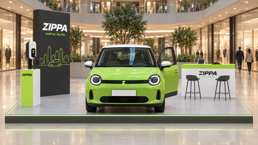 ZIPPA counter-type island kiosk (open car platform, no crown) — front view, car showroom promotion (AI-assisted 3D visualisation)