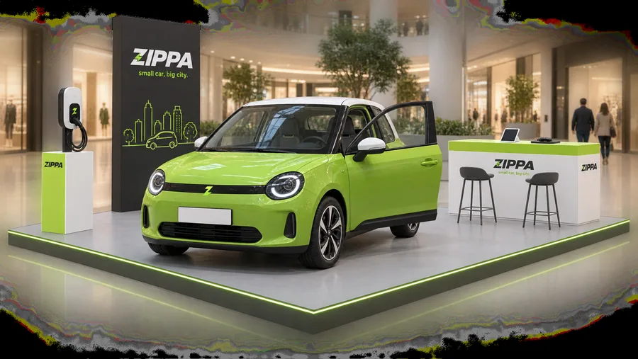 ZIPPA counter-type island kiosk (open car platform, no crown) — left three-quarter view, car showroom promotion (AI-assisted 3D visualisation)