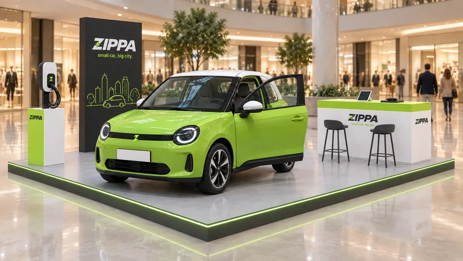 ZIPPA counter-type island kiosk (open car platform, no crown) — right three-quarter view, car showroom promotion (AI-assisted 3D visualisation)
