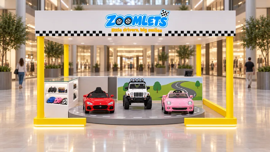 ZOOMLETS crowned island kiosk — front view, battery-powered ride-on cars for children (AI-assisted 3D visualisation)