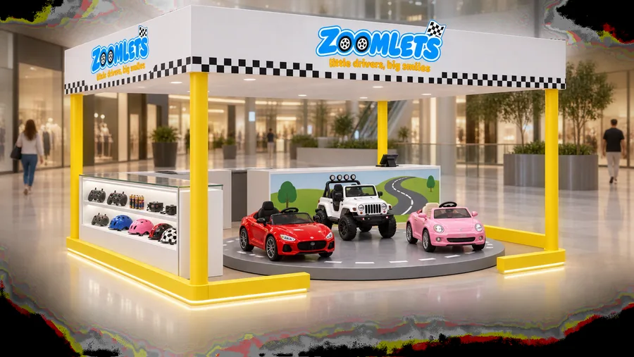 ZOOMLETS crowned island kiosk — left three-quarter view, battery-powered ride-on cars for children (AI-assisted 3D visualisation)