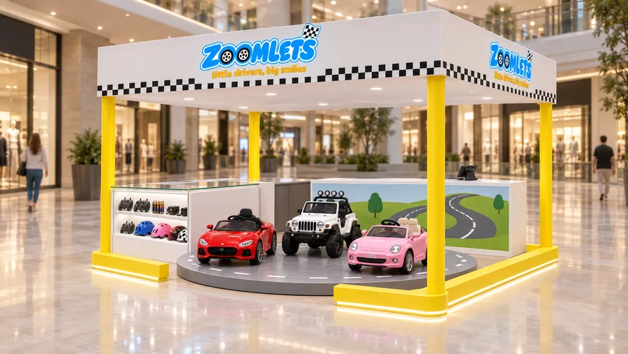 ZOOMLETS crowned island kiosk — right three-quarter view, battery-powered ride-on cars for children (AI-assisted 3D visualisation)